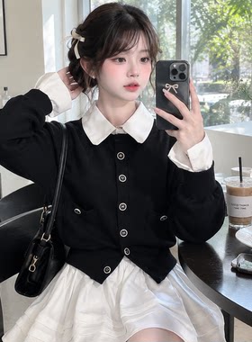 早秋撞色假两件开衫百褶裙两件套