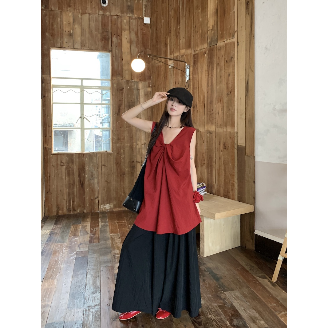 复古日系套装女小众扭结红色背心夏季黑色阔腿裤休闲慵懒风两件套