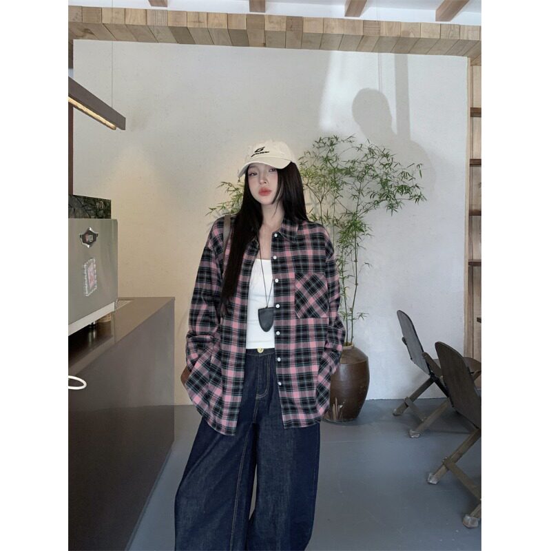 复古黑粉色格子衬衫外套女春夏小众设计感宽松慵懒风防晒衬衣上衣