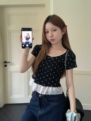 ins法式温柔波点短袖T恤女夏季短款设计感拼接蕾丝蝴蝶结气质上衣