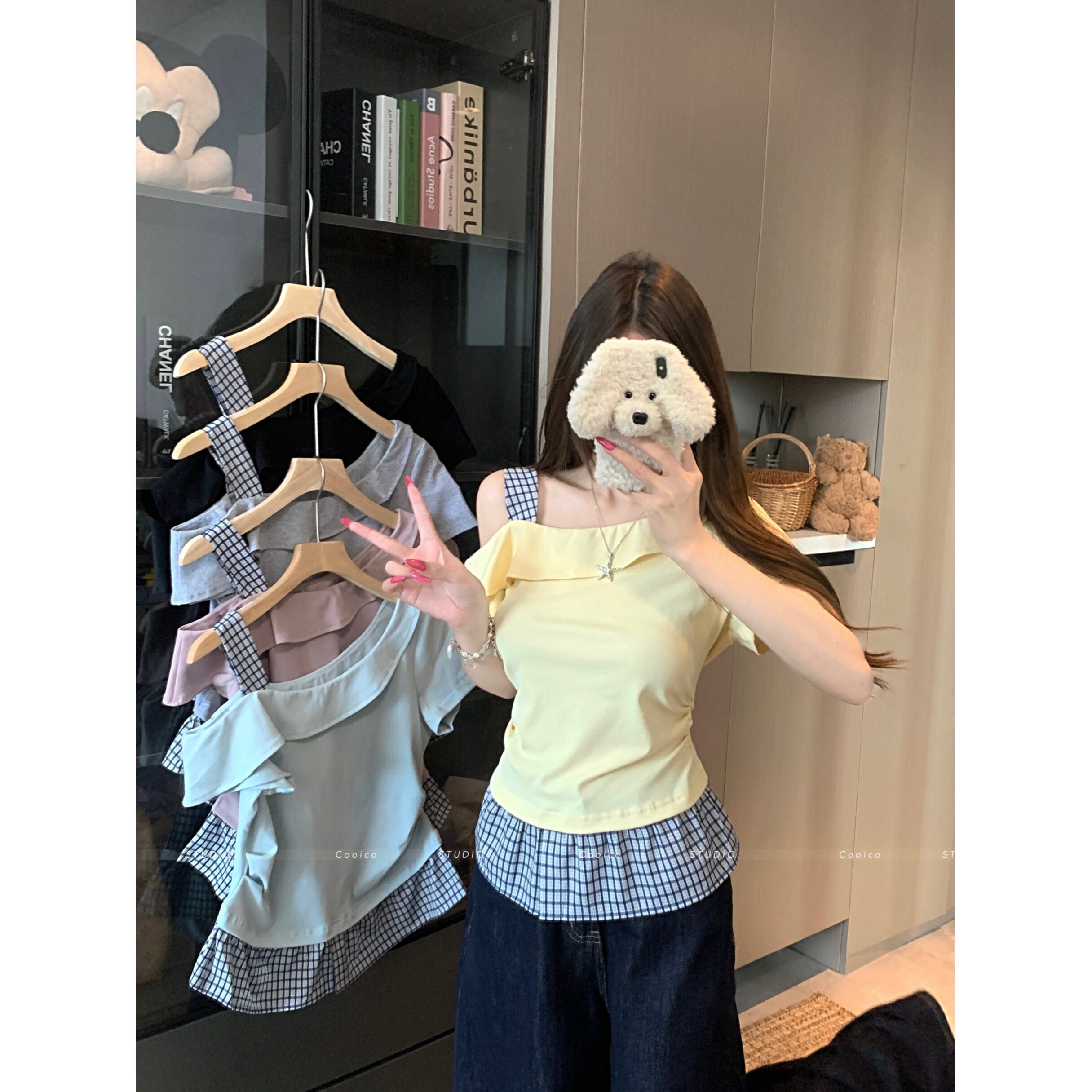 不规则露肩格纹假两件上衣女夏季大码胖妹妹韩系时尚百搭短袖T恤