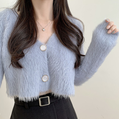 日系V领开衫仿水貂毛衣女春秋冬