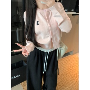 粉色长袖针织衫女秋季2025新款修身毛衣开衫圆领百搭短款上衣外穿