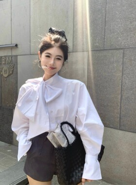 学院风蝴蝶结领带白色衬衫女设计感小众早秋独特别致绝美长袖衬衣