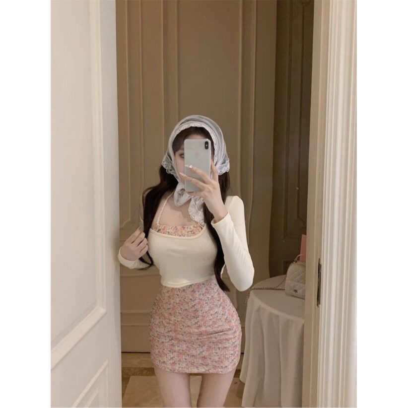 纯欲辣妹夏季碎花短裙两件套