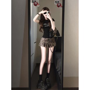 甜辣风小众烫钻短袖t恤套装女夏季辣妹豹纹半身裙修身显瘦上衣ins