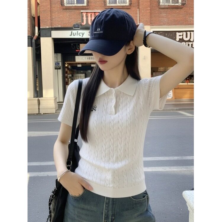 麻花短袖纯色高级感polo领女夏季韩系小个子短款针织衫短袖上衣潮