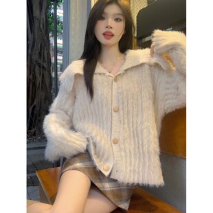 高领毛衣女秋冬新款软糯针织宽松短款毛衣开衫外套小个子韩版上衣