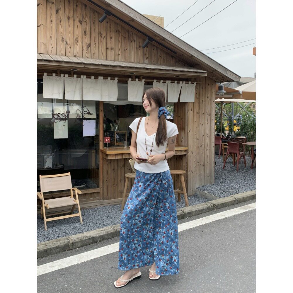 蓝色碎花油画系带半身裙女2026夏季新款高腰显瘦复古A字长裙子ins