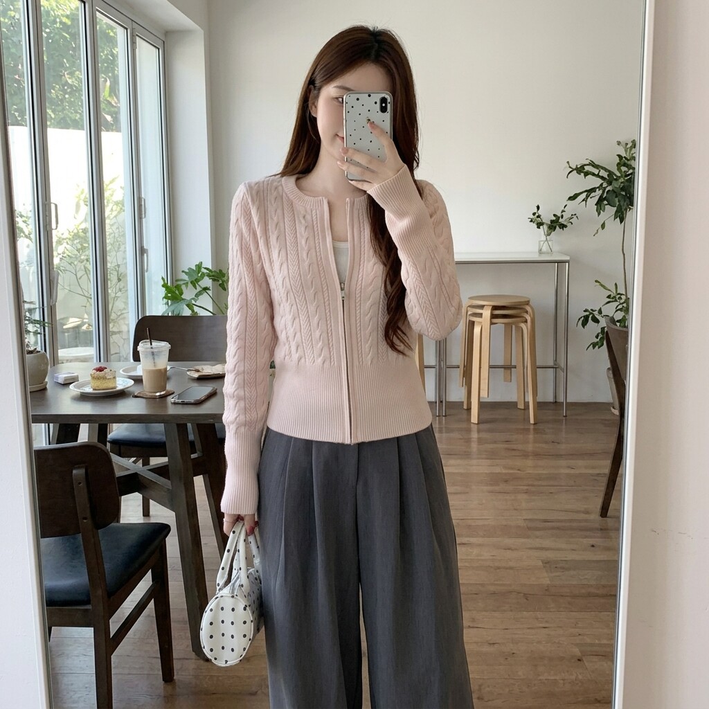 粉色绞花拉链修身针织开衫女