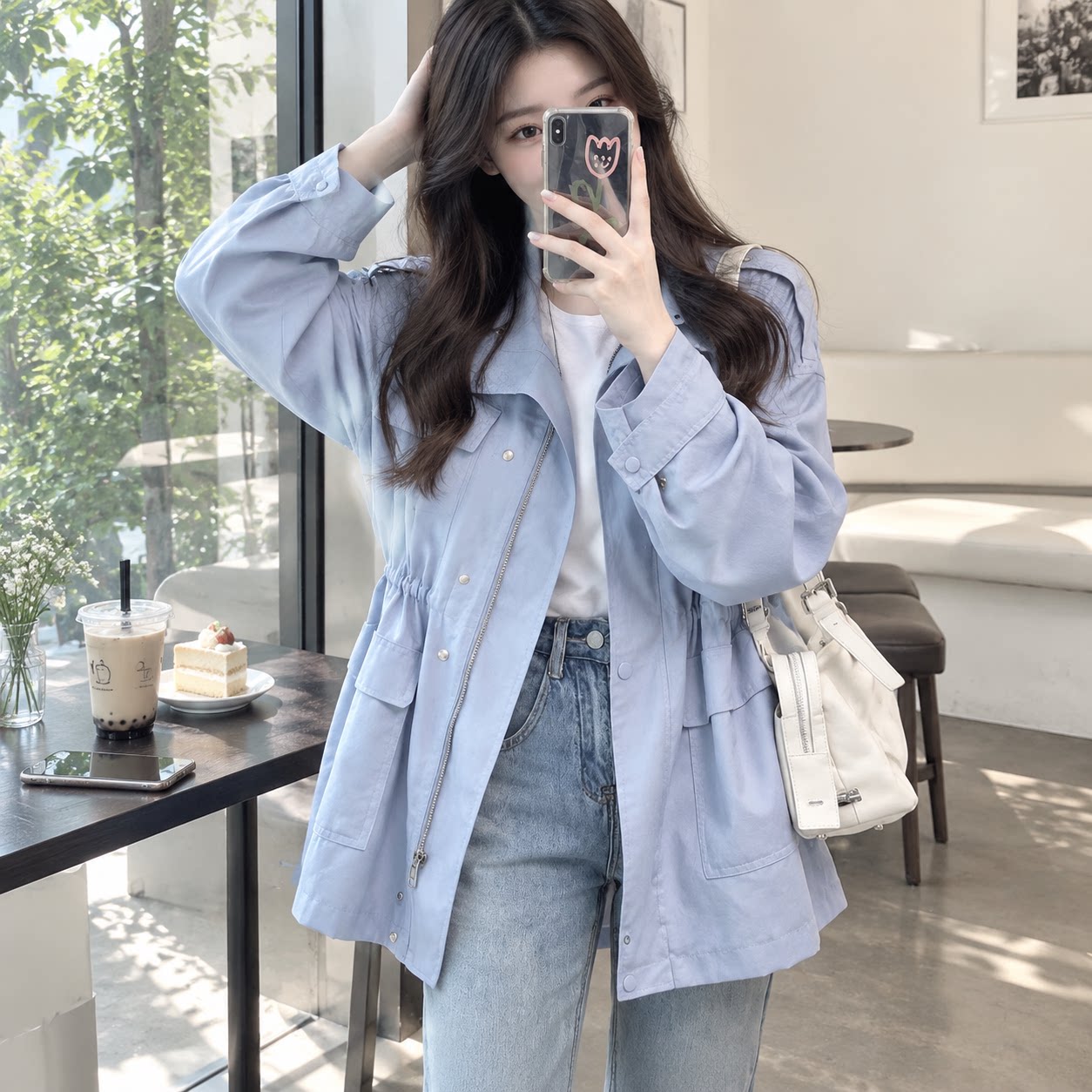 韩版中长款工装夹克女收腰显瘦