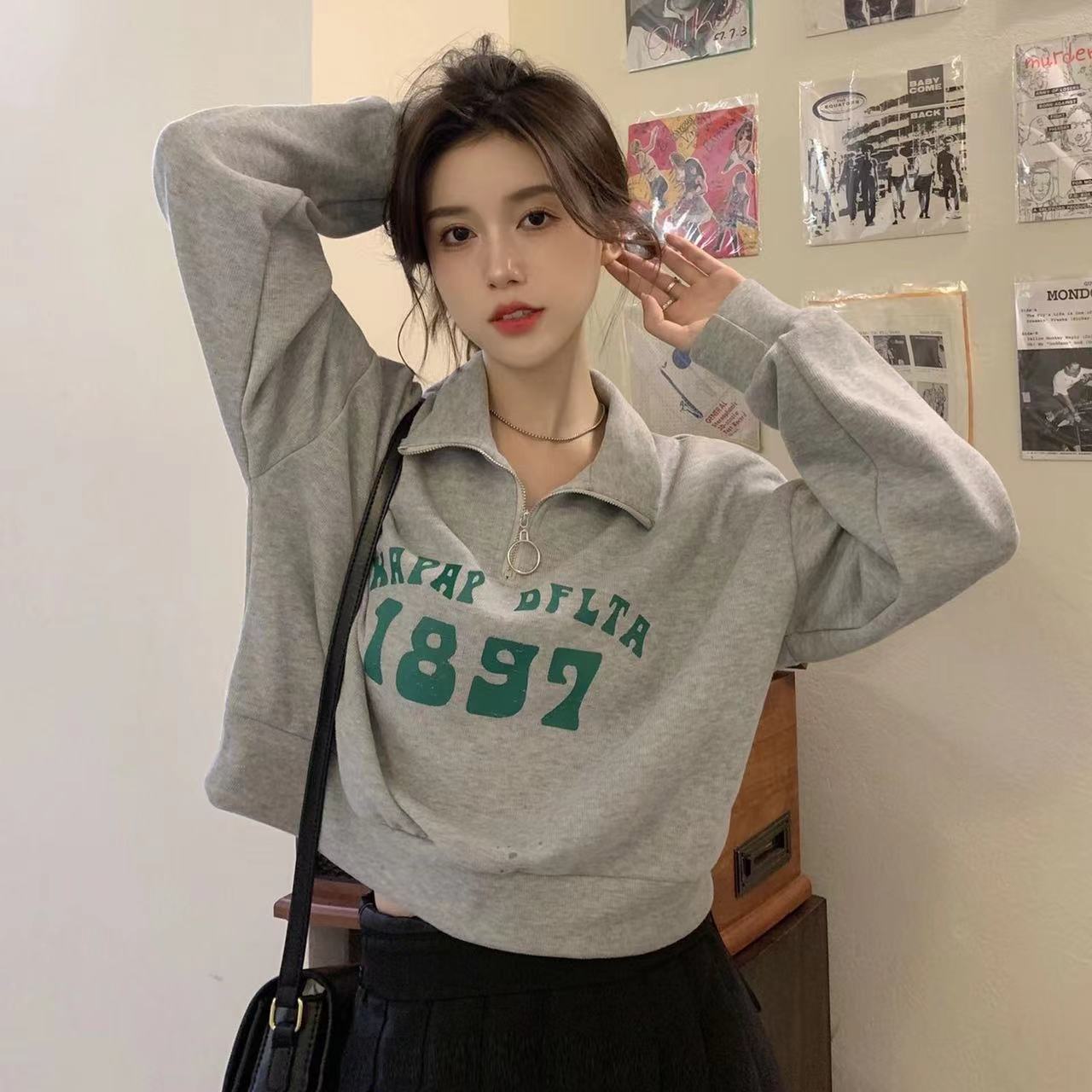 美式复古polo领短款卫衣女春秋季薄款宽松bf慵懒风半拉链外套上衣