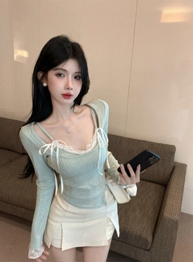 纯欲绿色针织打底衫女早秋吊带蕾丝内搭chic甜辣妹蝴蝶结短款上衣