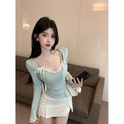 纯欲绿色针织打底衫女早秋吊带蕾丝内搭chic甜辣妹蝴蝶结短款上衣