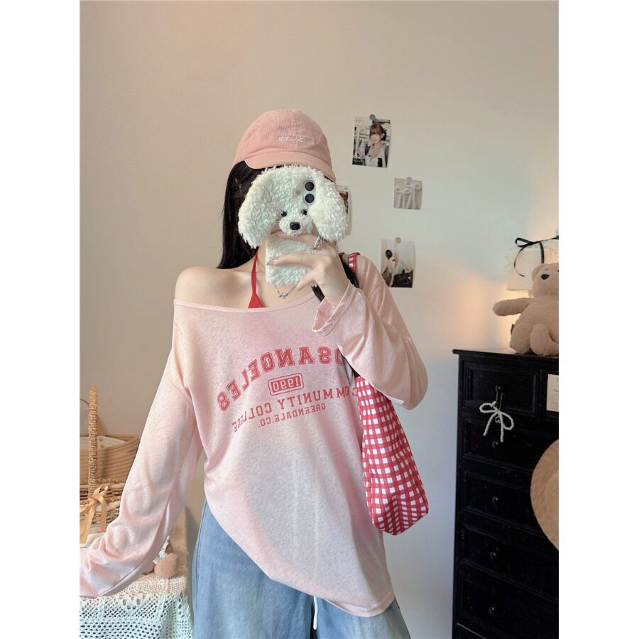 防晒罩衫百搭字母印花长袖T恤女夏季2025新款休闲宽松慵懒风上衣