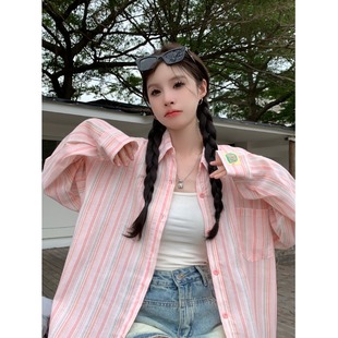 薄款防晒条纹夏季蓝色衬衫上衣新款设计休闲宽松慵懒长袖衬衣外套