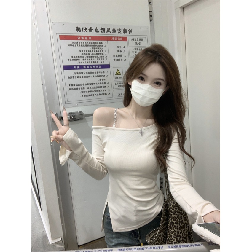 大码性感露肩开叉长袖t恤女2025早秋新款修身显瘦时尚正肩上衣ins