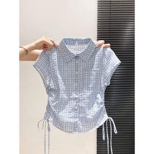 蓝格子POLO领抽绳短袖衬衫女