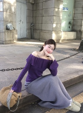 法式紫色荷叶边一字肩长袖t恤女秋冬季设计德绒保暖内搭打底上衣