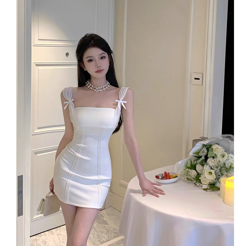 白色吊带收腰显瘦小个子连衣裙