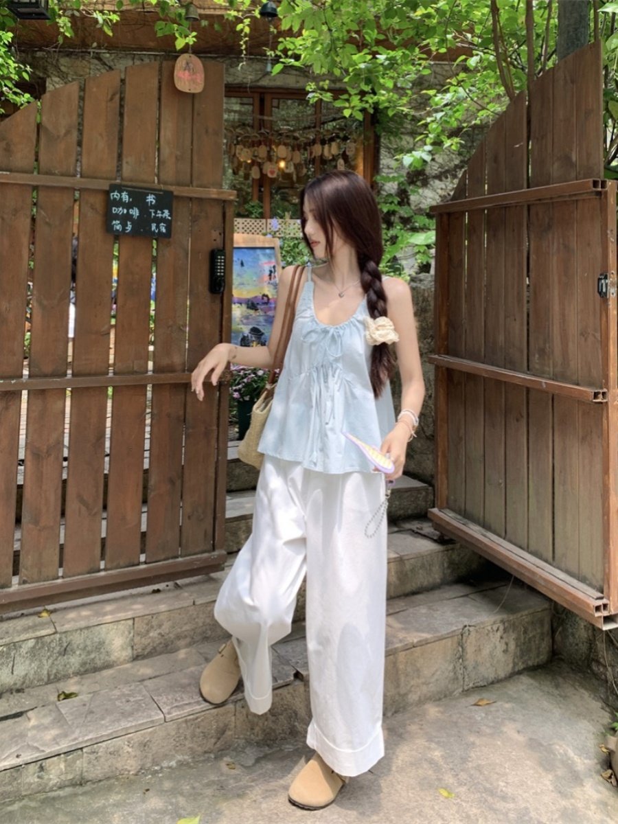 패션 정장 여성 블루 PLEATED 캐미솔 2024 여름 느슨한 넓은 다리 바지 캐주얼 바지 투피스 세트