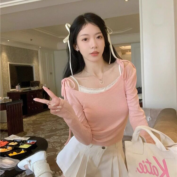 韩版温柔风蕾丝长袖粉色系带秋冬季纯欲风气质显瘦别致短款上衣