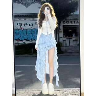 甜美气质白色开衫 女春夏新款 打底上衣不规则半身裙三件套 套装 时尚