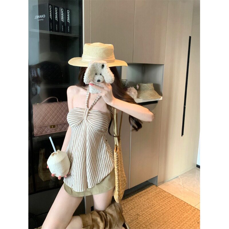 美式纯欲吊带背心女夏外穿辣妹穿搭露背短款条纹抹胸无袖挂脖上衣