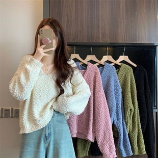 慵懒风V领针织毛衣女春秋季外穿宽松显瘦套头百搭长袖上衣小个子