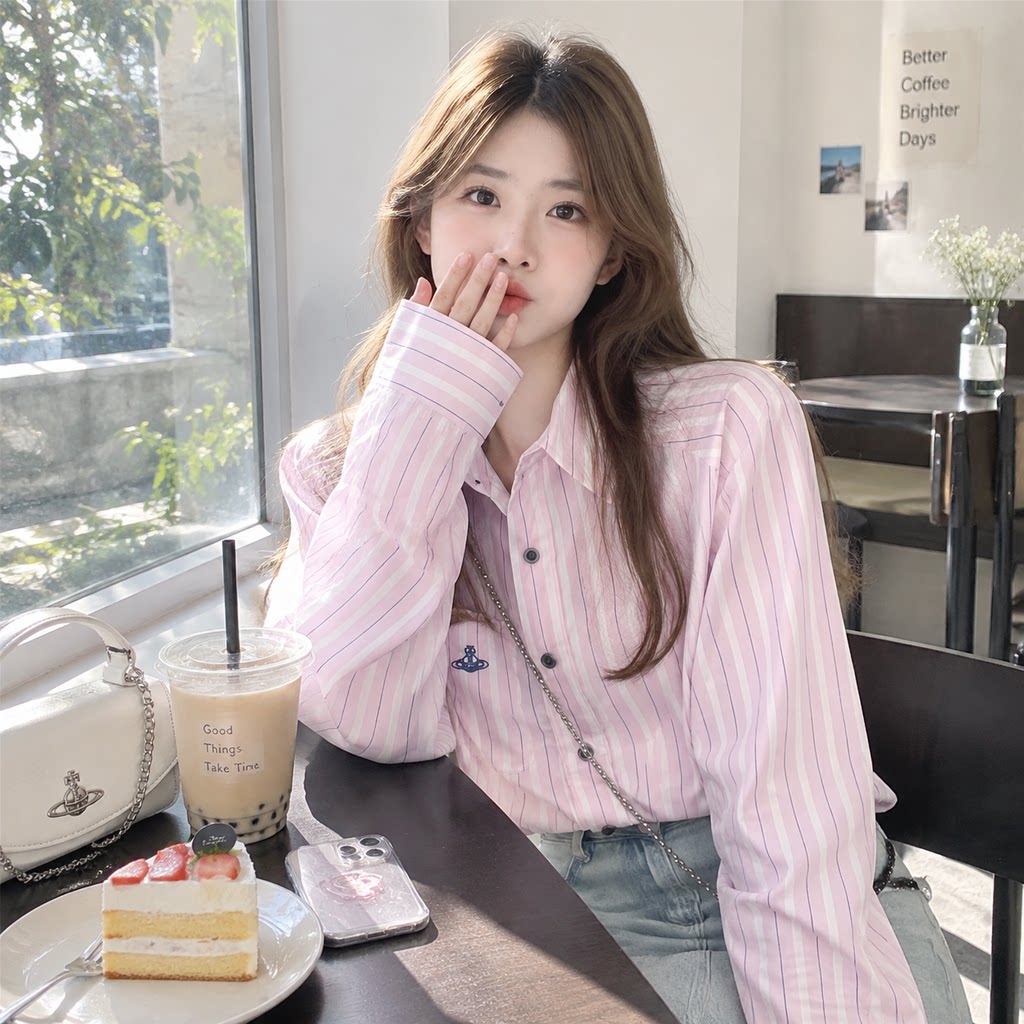 韩版条纹长袖衬衫女显瘦百搭