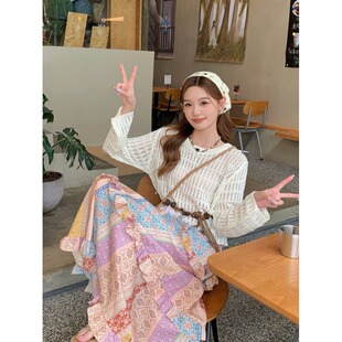 春夏季民族风镂空上衣印花半身裙套装女纯欲复古小衫裙子两件套