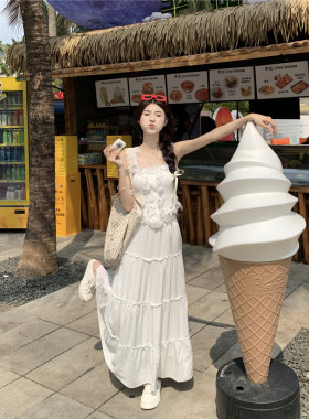 温柔风套装女夏季甜辣蕾丝花边吊带背心超仙长裙白色半身裙两件套