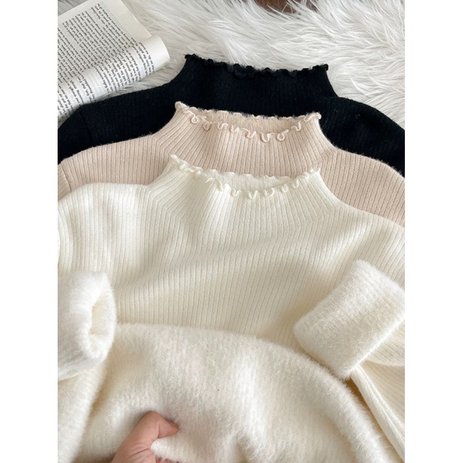 木耳边加绒加厚半高领毛衣女