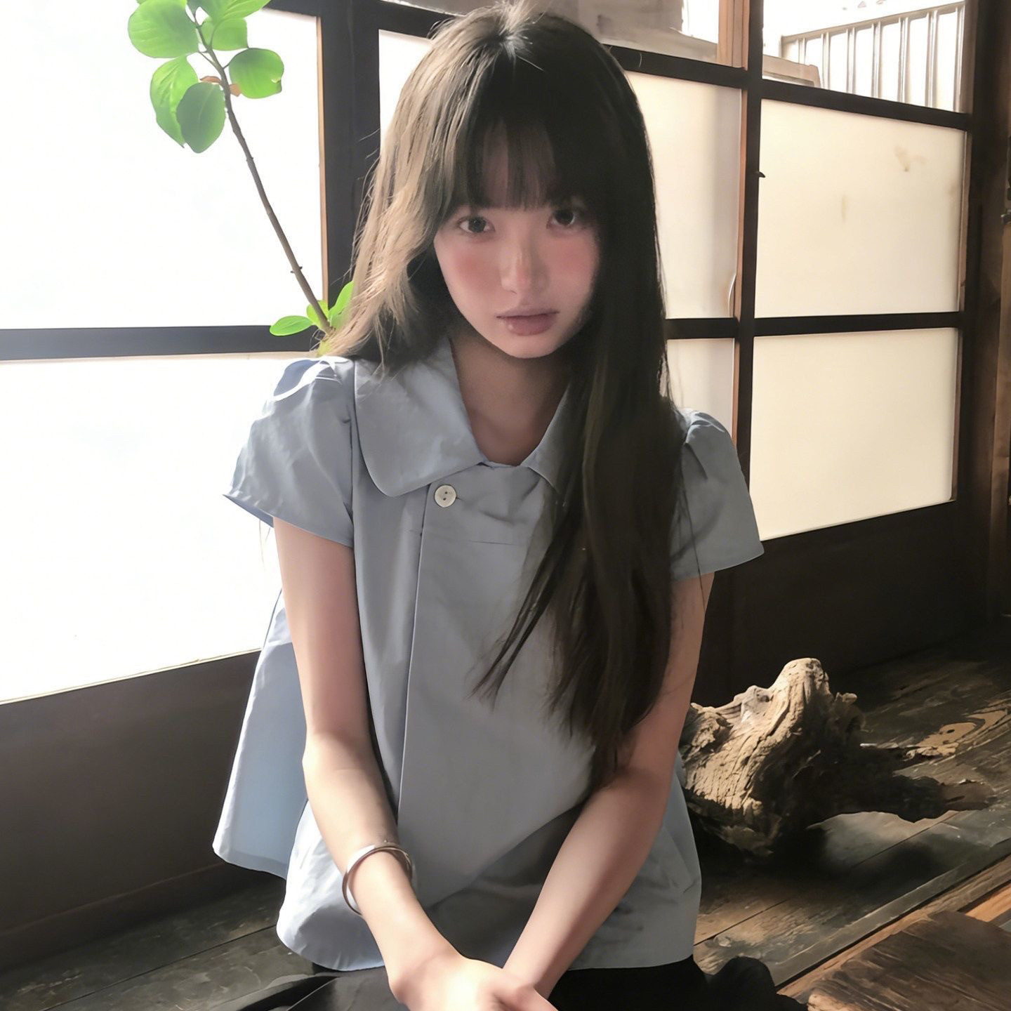 韩系蓝色娃娃领显瘦短袖衬衫女