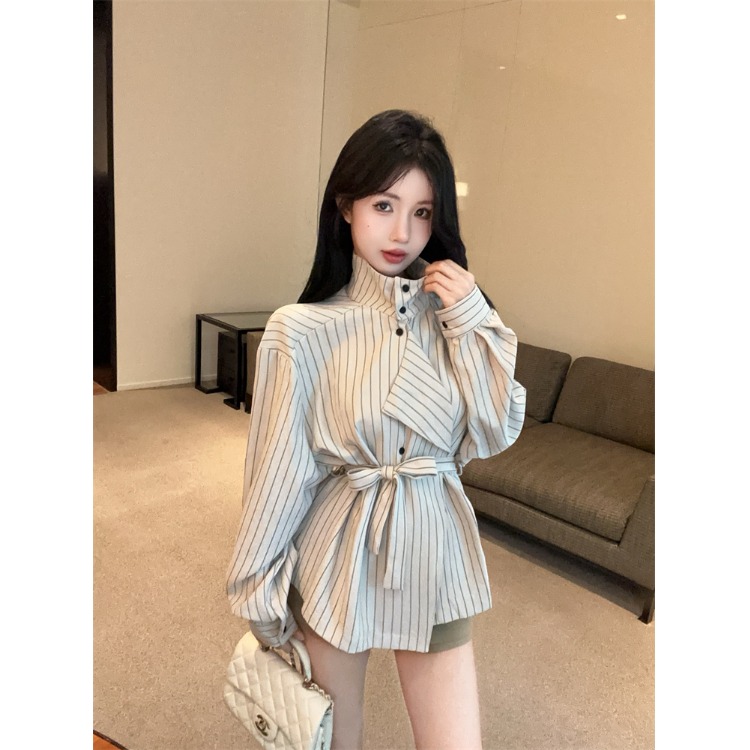 韩版绑带收腰条纹衬衫女2025秋季新款洋气设计感小众显瘦长袖上衣