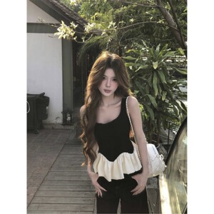 荷叶边拼接法式设计吊带背心2025新款夏季修身无袖小众洋气上衣女