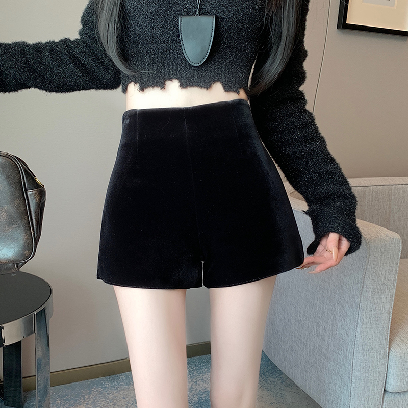 金丝绒短裤女秋冬外穿黑色丝绒女裤高腰显瘦紧身打底裤子超短靴裤