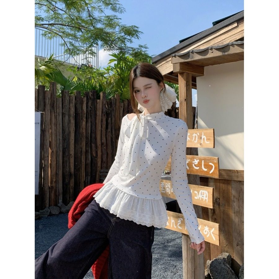 白色波点蝴蝶结绑带内搭t恤女