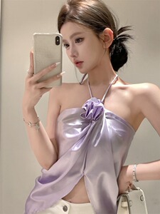 法式气质挂脖小吊带时尚名媛不规则开叉上衣抹胸背心女夏季