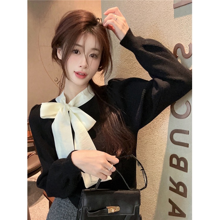 蝴蝶结围巾领针织衫女