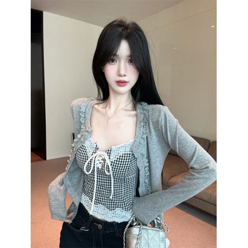 小香风格子蕾丝吊带背心女秋冬纯欲抹胸上衣开衫两件套巨好看绝美