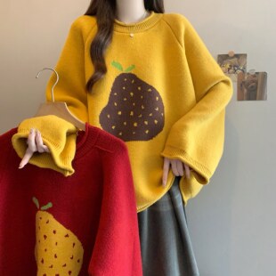 红色梨子提花卷边毛衣女秋冬季大码胖mm宽松中长款减龄针织衫上衣