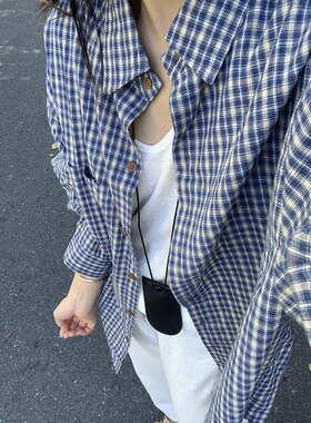 美式复古蓝色格子衬衫女春秋宽松oversize原宿风休闲百搭衬衣外套