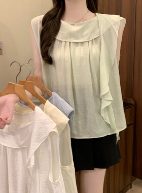 浅蓝色荷叶边飘带无袖背心衬衫女2026夏季遮肚显瘦巨好看百搭上衣