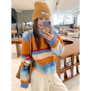 慵懒爆款彩虹条纹毛衣新款撞色休闲秋冬季新款条纹宽松针织衫毛衣