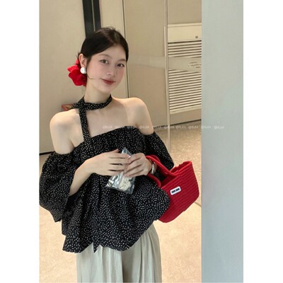 纯欲风抹胸挂脖小众衬衫新款复古时髦波点宽松显瘦别致上衣女
