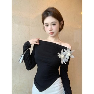 侧边抽褶立体花朵一字肩小衫上衣长袖温柔风纯欲修身显瘦新款女