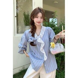 韩版chic慵懒条纹v领拼接花边衬衫女2025春大码宽松别致长袖上衣