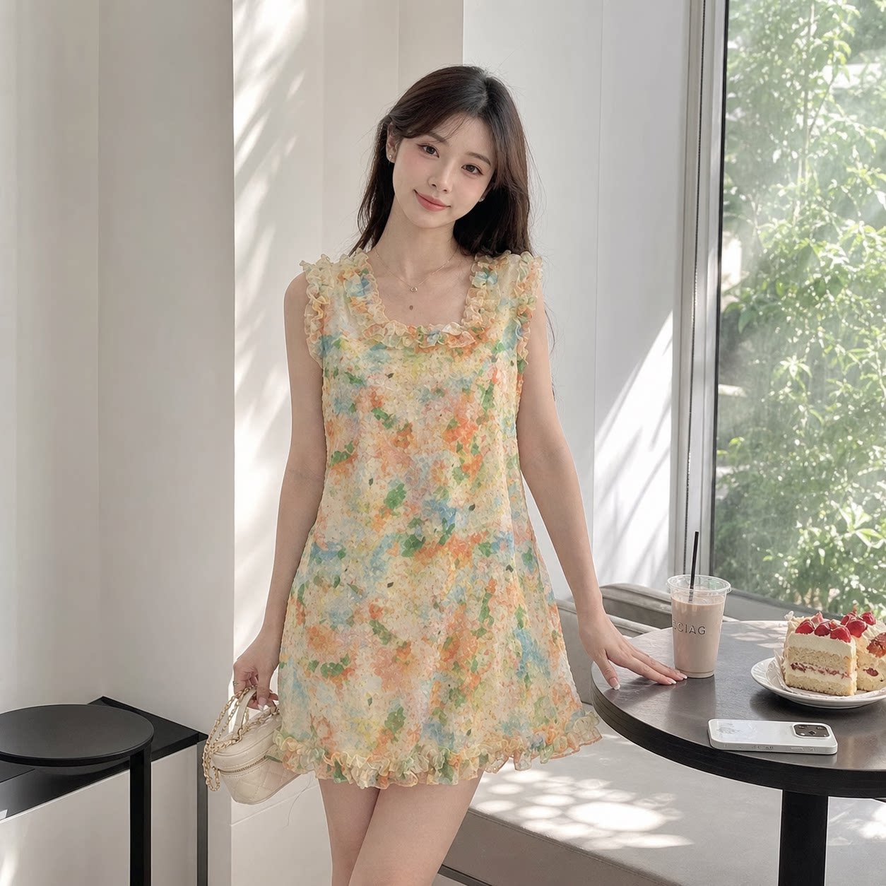 夏季甜美彩色花朵木耳边连衣裙