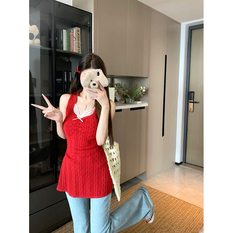 蕾丝拼接红色针织无袖上衣女夏季纯欲甜辣妹外穿修身显瘦吊带背心